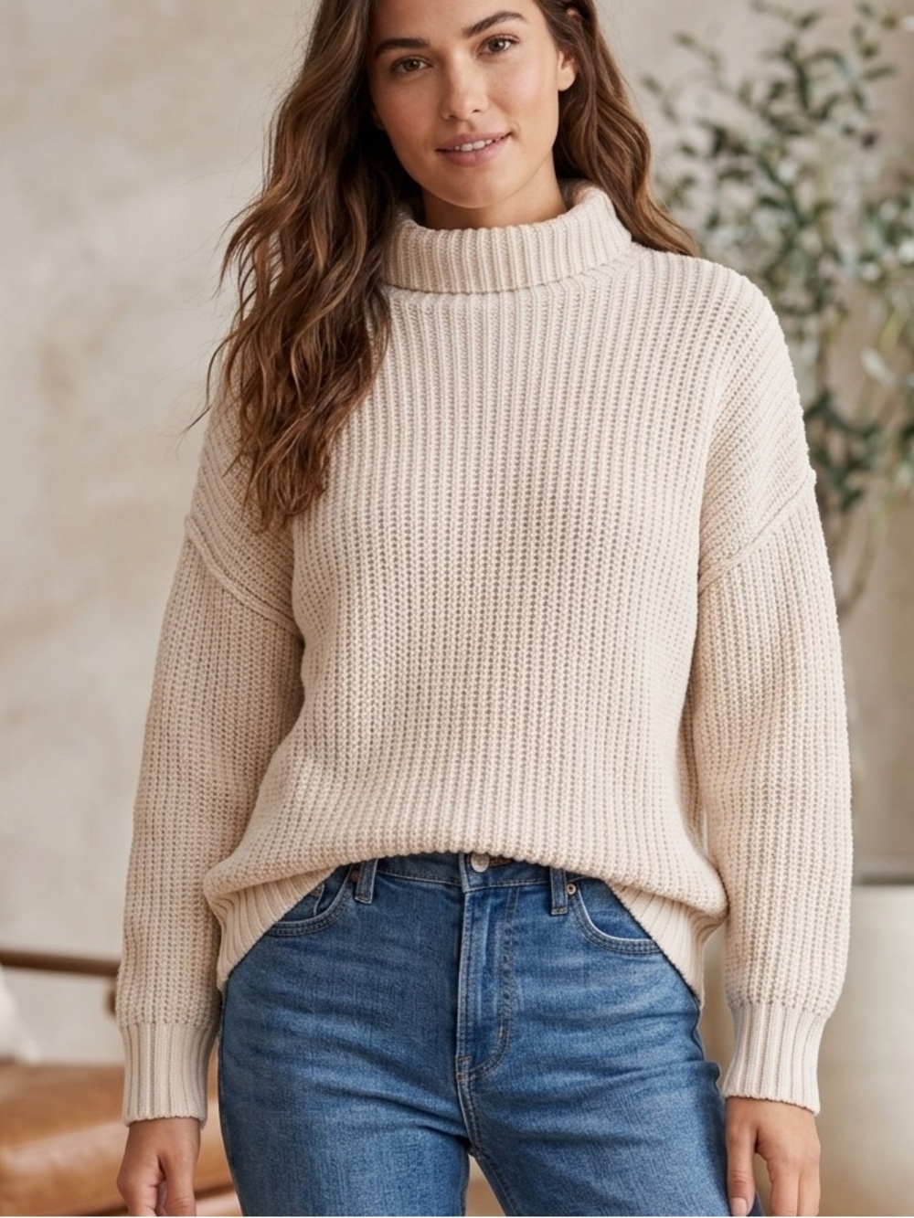 Aerie Womens Cream Ribbed Turtleneck Oversized Knit Sweater Small